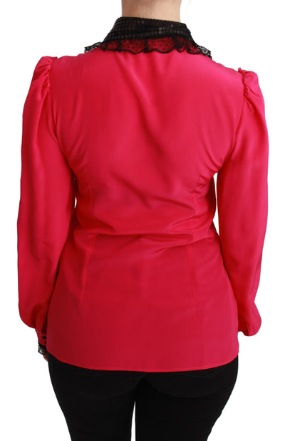 Dolce & Gabbana Rosa Seide Schwarz Pailletten Spitze Hemd Bluse