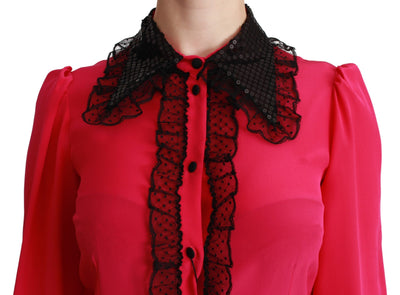 Dolce & Gabbana Rosa Seide Schwarz Pailletten Spitze Hemd Bluse