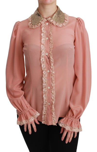 Dolce & Gabbana Rosa Seide Gold Pailletten Spitze Bluse Shirt