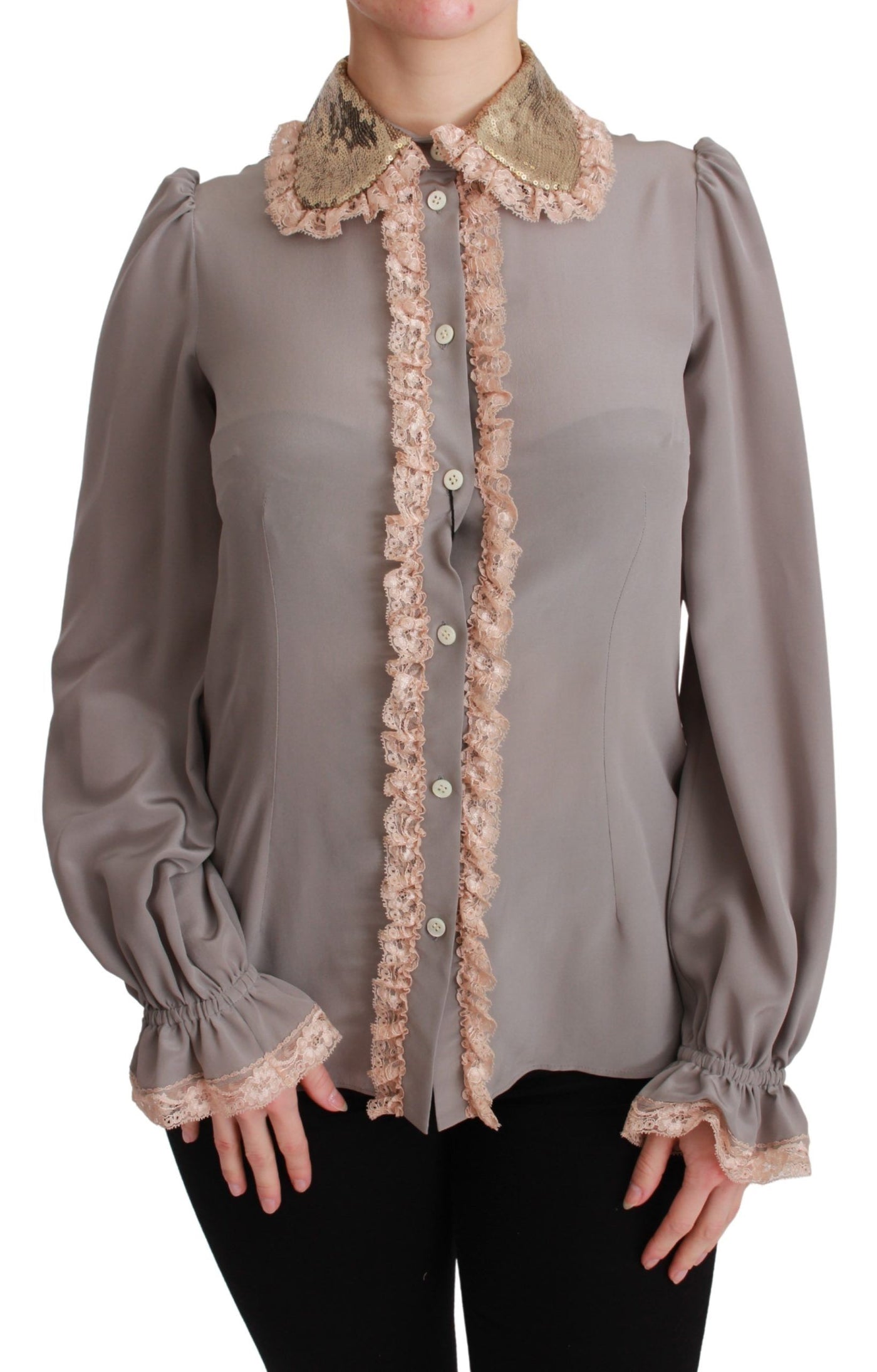 Dolce & Gabbana Graue Seide Gold Pailletten Spitze Bluse Hemd