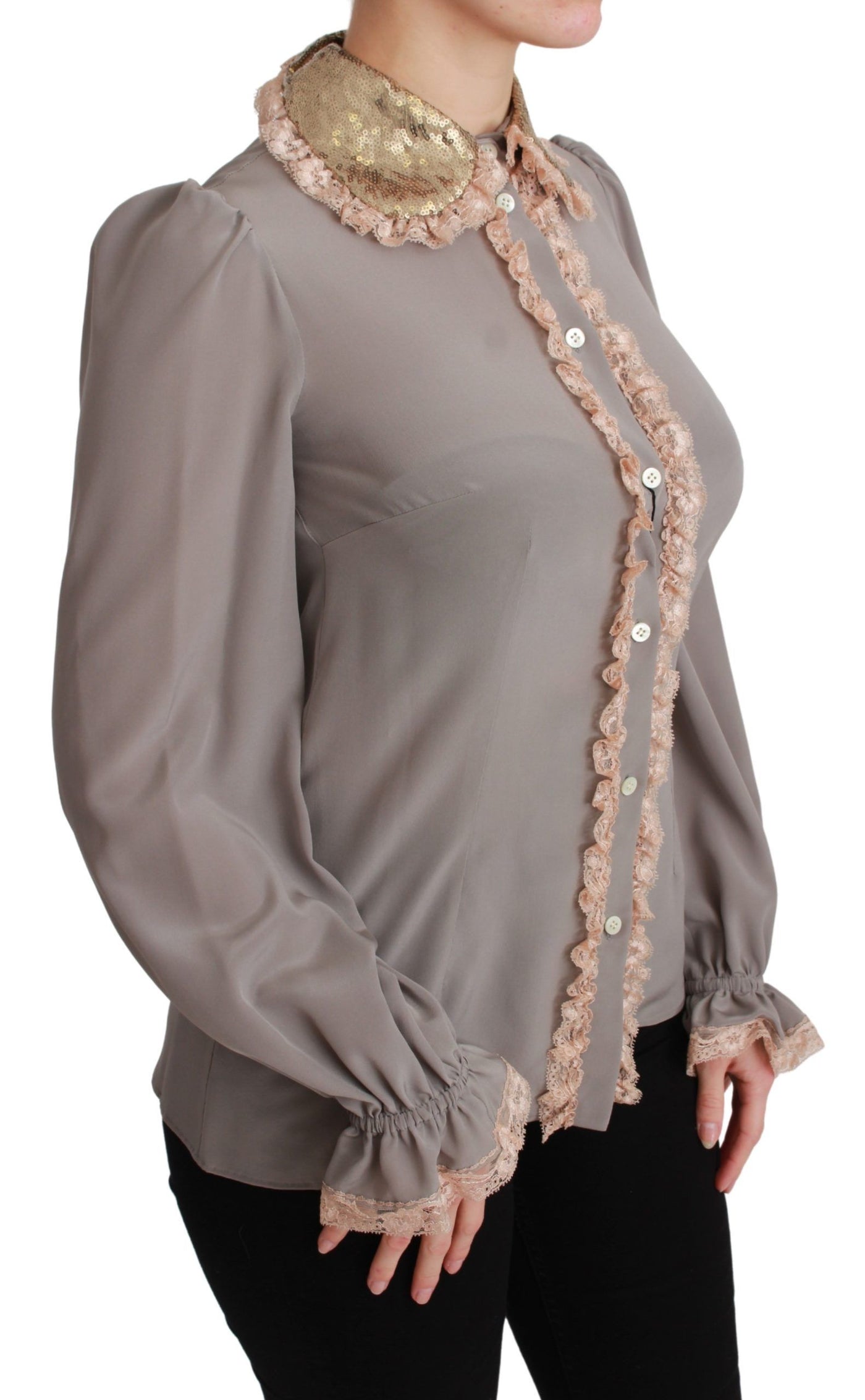 Dolce & Gabbana Graue Seide Gold Pailletten Spitze Bluse Hemd
