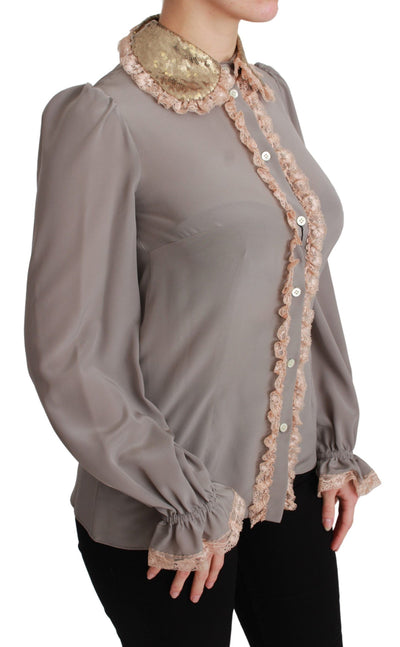 Dolce & Gabbana Graue Seide Gold Pailletten Spitze Bluse Hemd