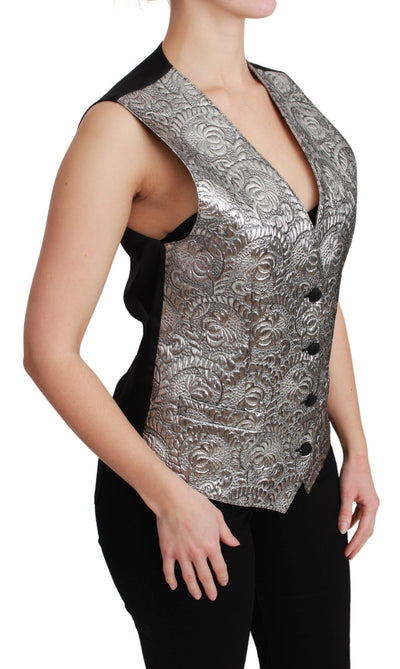 Dolce & Gabbana Silbernes ärmelloses Metallic-Top mit Brokatmuster