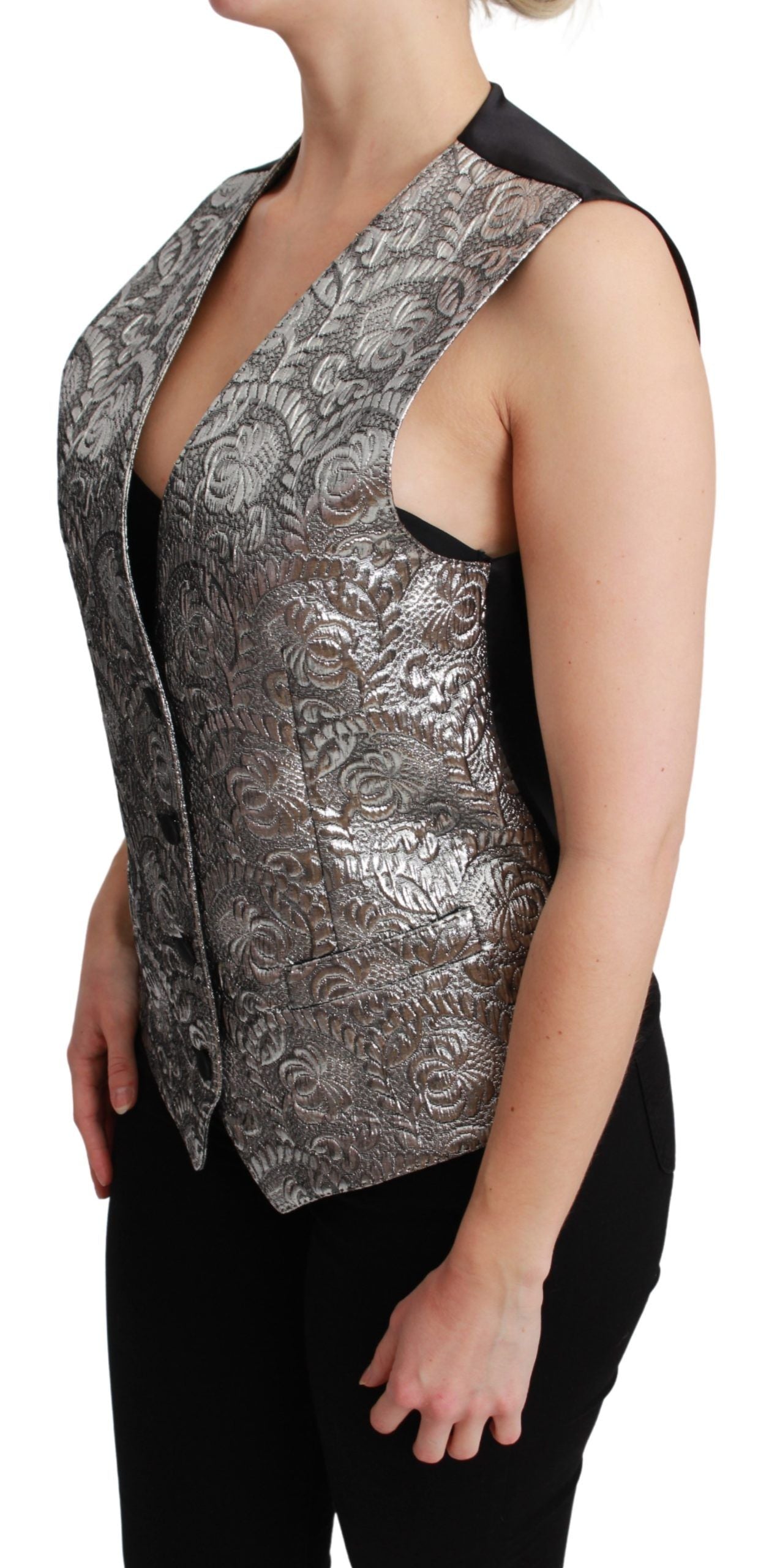 Dolce & Gabbana Silbernes ärmelloses Metallic-Top mit Brokatmuster