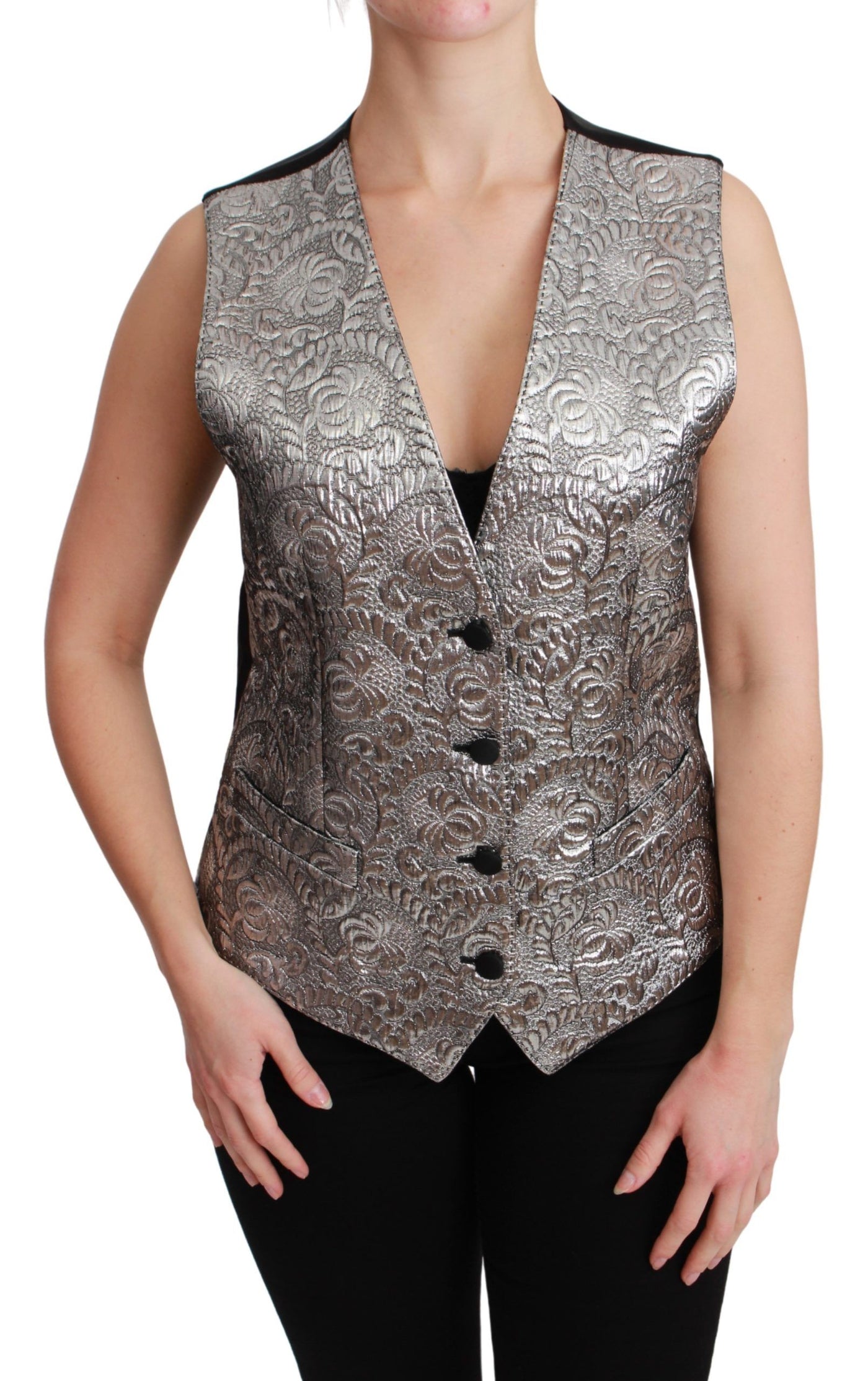 Dolce & Gabbana Silbernes ärmelloses Metallic-Top mit Brokatmuster