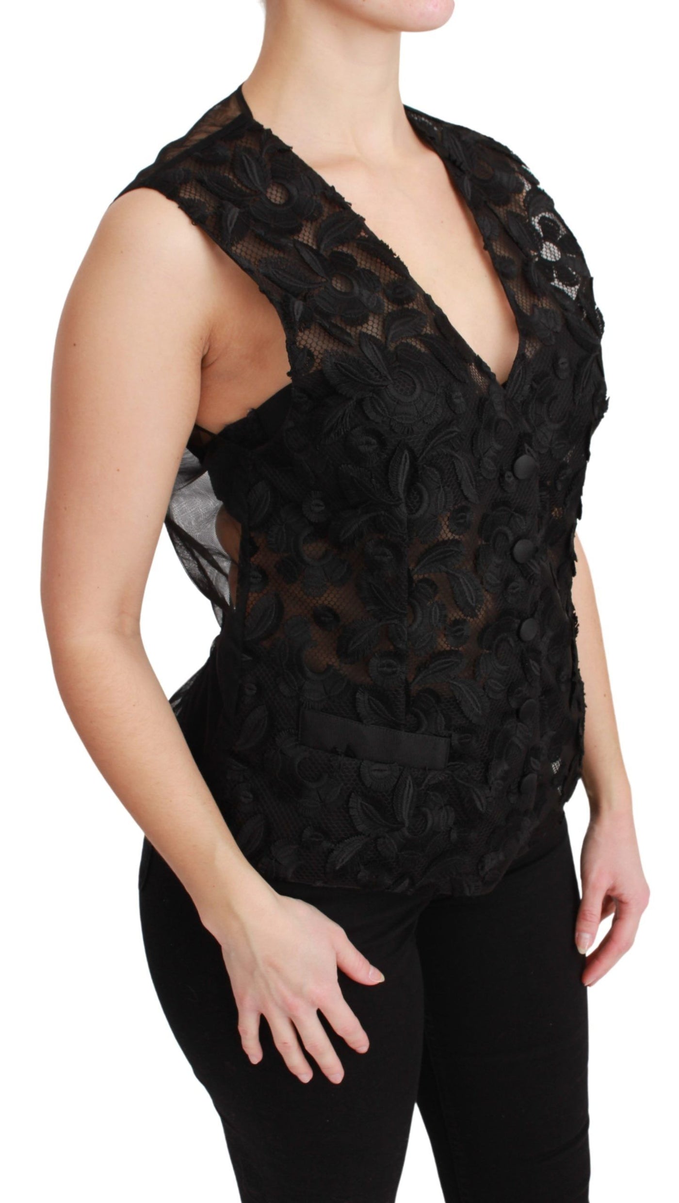 Dolce & Gabbana Schwarzes Brokat-Oberteil mit Blumenmuster Gilet-Weste