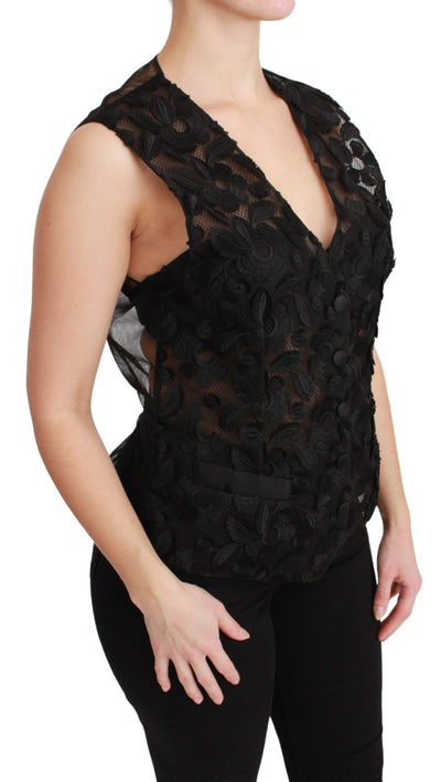 Dolce & Gabbana Schwarzes Brokat-Oberteil mit Blumenmuster Gilet-Weste