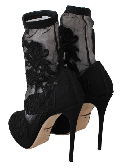 Dolce & Gabbana Schwarz Rosen Stilettos Booties Socken Schuhe