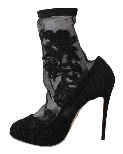 Dolce & Gabbana Schwarz Rosen Stilettos Booties Socken Schuhe