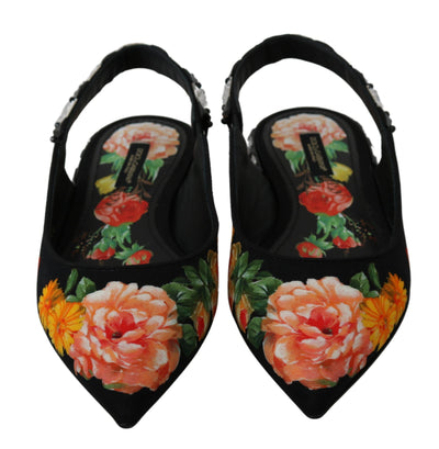 Dolce & Gabbana Schwarz Floral Kristall Slingbacks Flats Schuhe