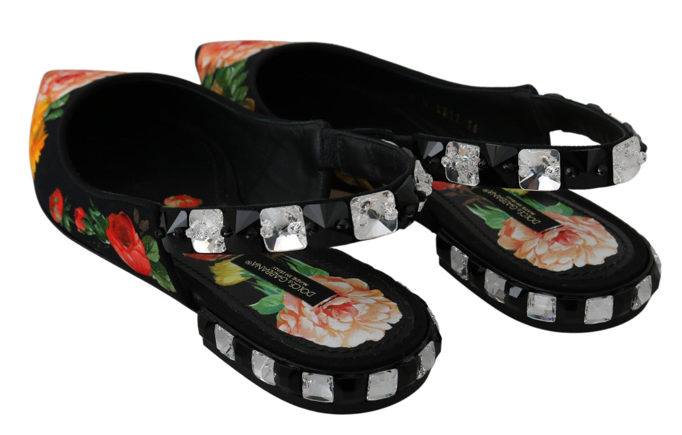 Dolce & Gabbana Schwarz Floral Kristall Slingbacks Flats Schuhe