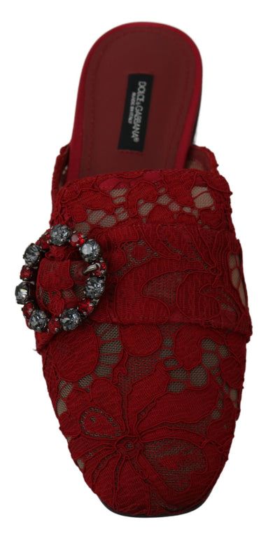 Dolce & Gabbana Rote Spitze Kristall Slide On Flats Schuhe
