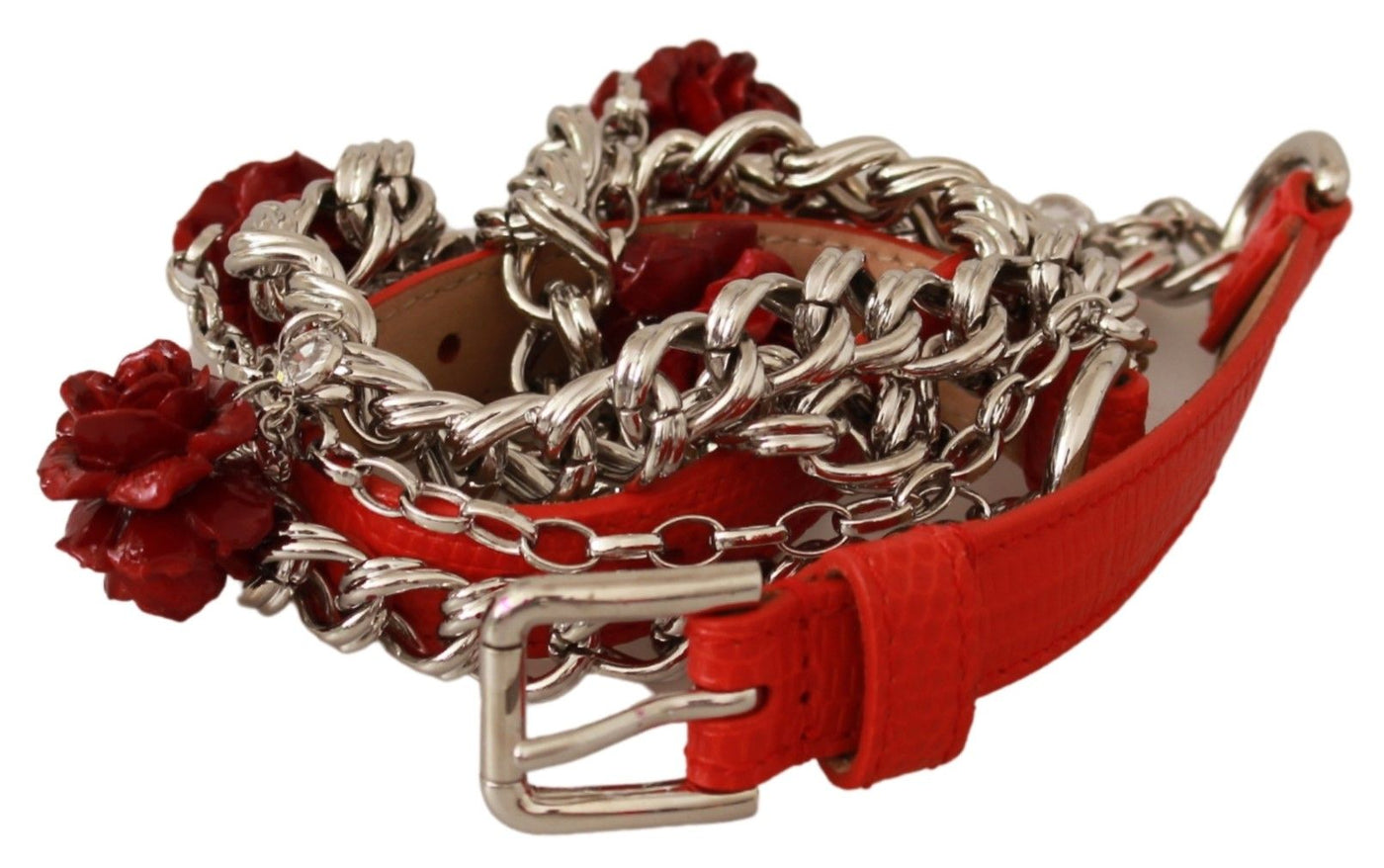 Dolce & Gabbana Roter Leder Rosen Floral Silberner Taillengürtel