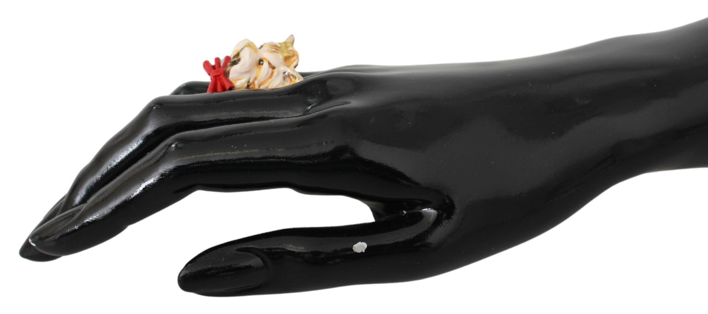 Dolce & Gabbana Gold Messing Harz Beige Hund Haustier gebrandmarkt Accessoire Ring