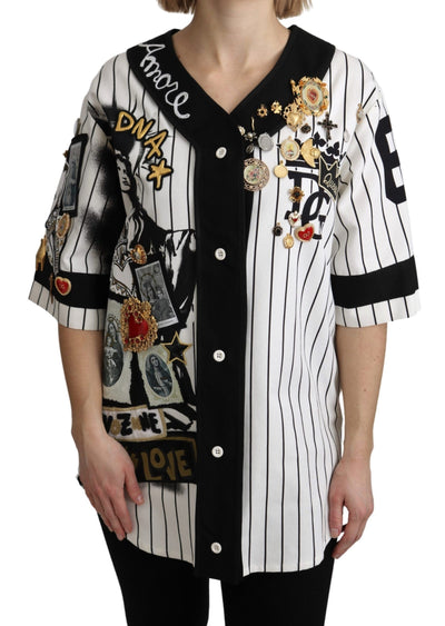 Dolce & Gabbana Weiß-schwarze Bluse Baumwolle Crystal Charms Amore Shirt