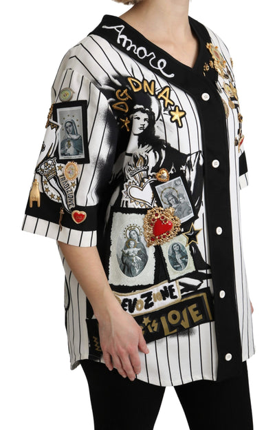 Dolce & Gabbana Weiß-schwarze Bluse Baumwolle Crystal Charms Amore Shirt