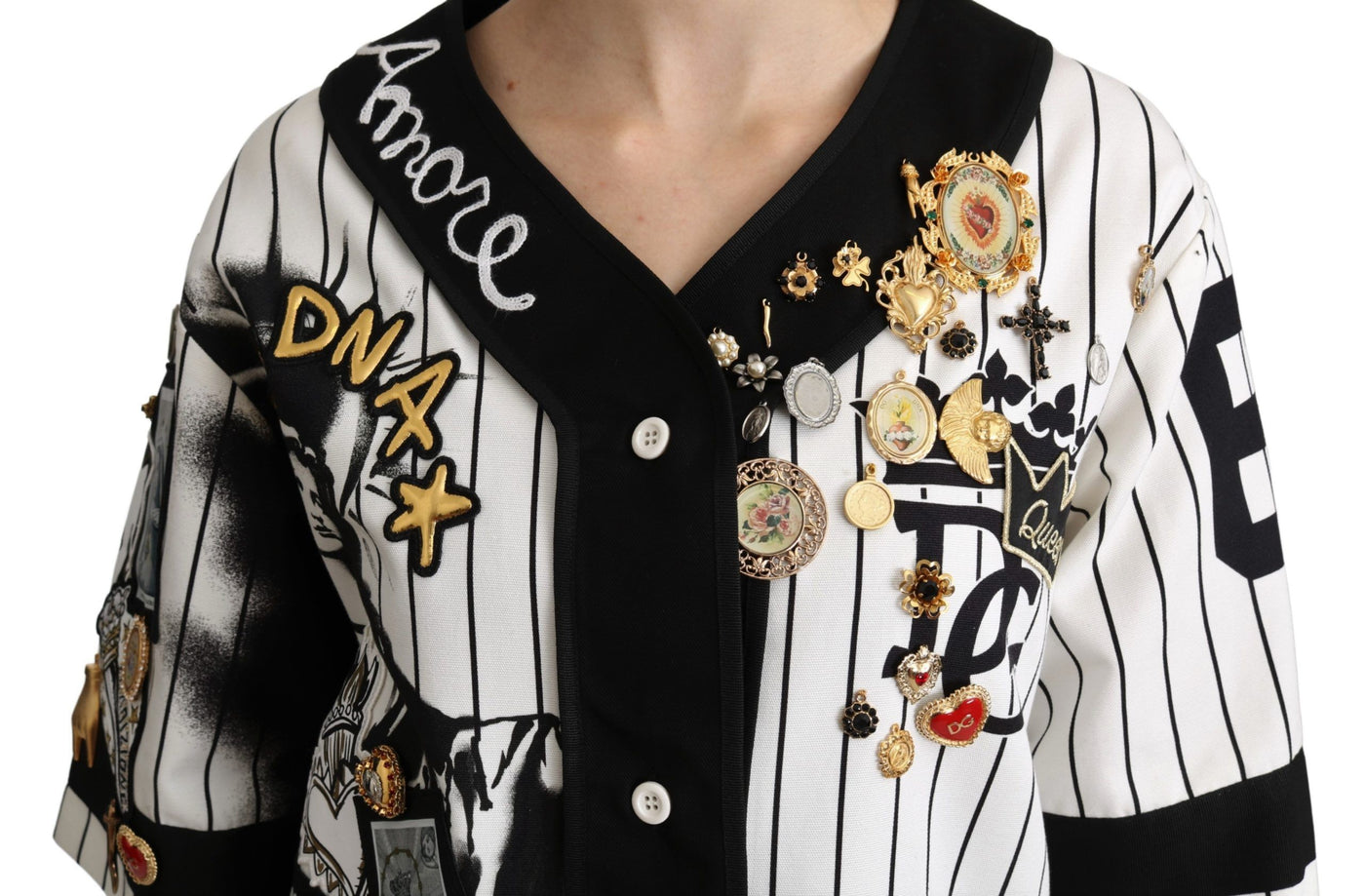 Dolce & Gabbana Weiß-schwarze Bluse Baumwolle Crystal Charms Amore Shirt