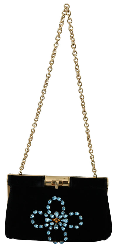 Dolce & Gabbana Schwarzer Samt Kristall Nieten Frauen Crossbody Sling Borse Tasche