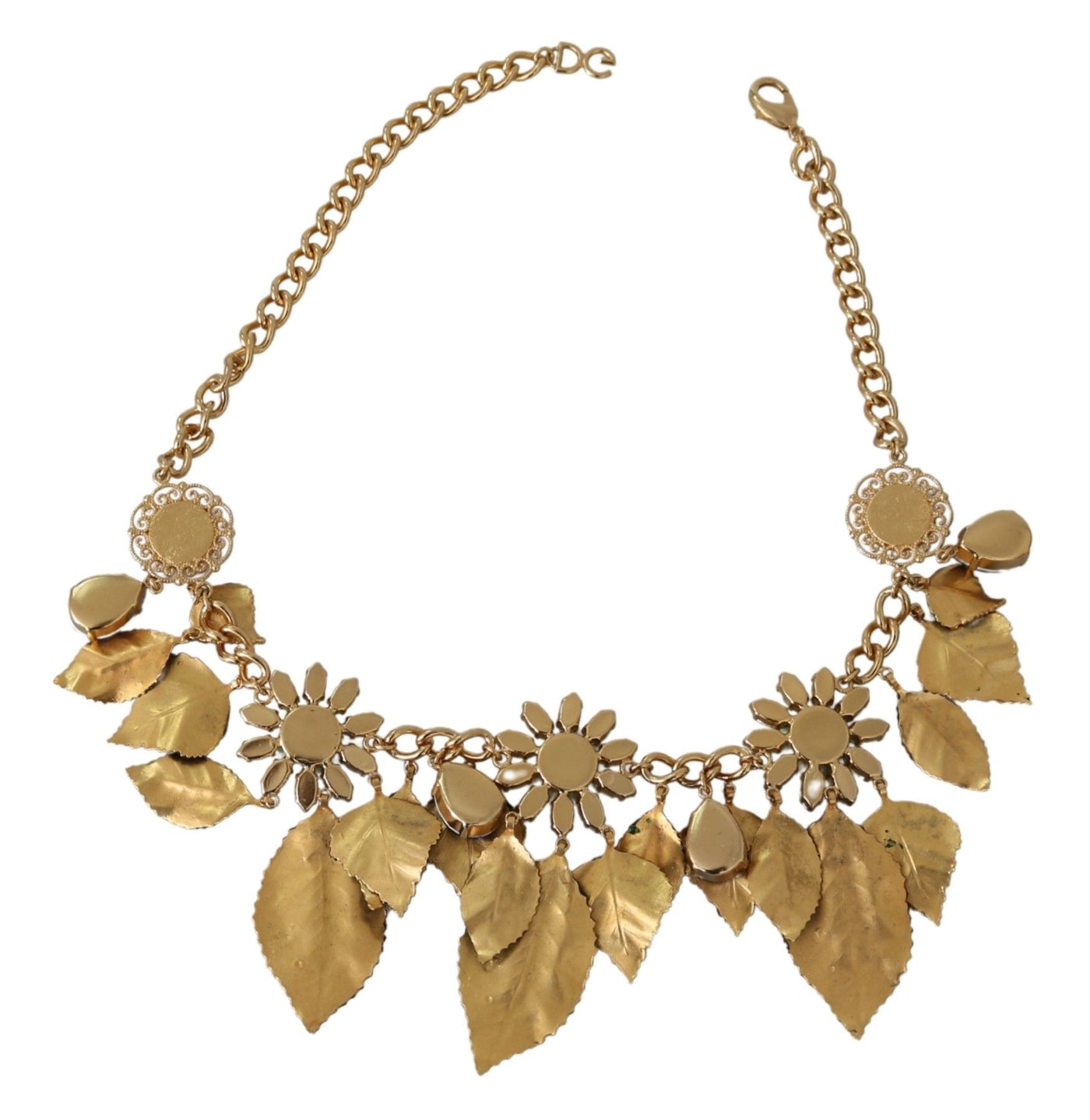 Dolce & Gabbana Grüne Blätter Gold Messing Kristall Blume Anhänger Halskette
