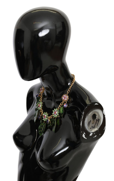 Dolce & Gabbana Grüne Blätter Gold Messing Kristall Blume Anhänger Halskette