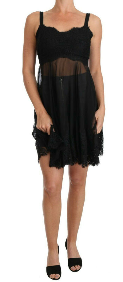 Dolce & Gabbana Schwarzes Seiden-Spitzenkleid Chemise Lingerie