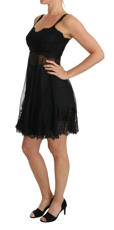 Dolce & Gabbana Schwarzes Seiden-Spitzenkleid Chemise Lingerie