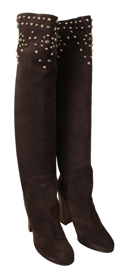 Dolce & Gabbana Braunes Wildleder Nieten Kniehohe Schuhe Stiefel