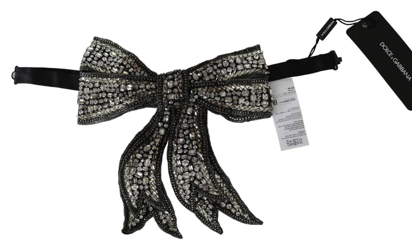 Dolce & Gabbana Silberne Kristall Perlen Pailletten 100% Seide Laufsteg Halskette Bowtie