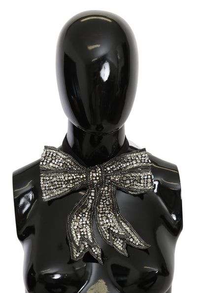 Dolce & Gabbana Silberne Kristall Perlen Pailletten 100% Seide Laufsteg Halskette Bowtie