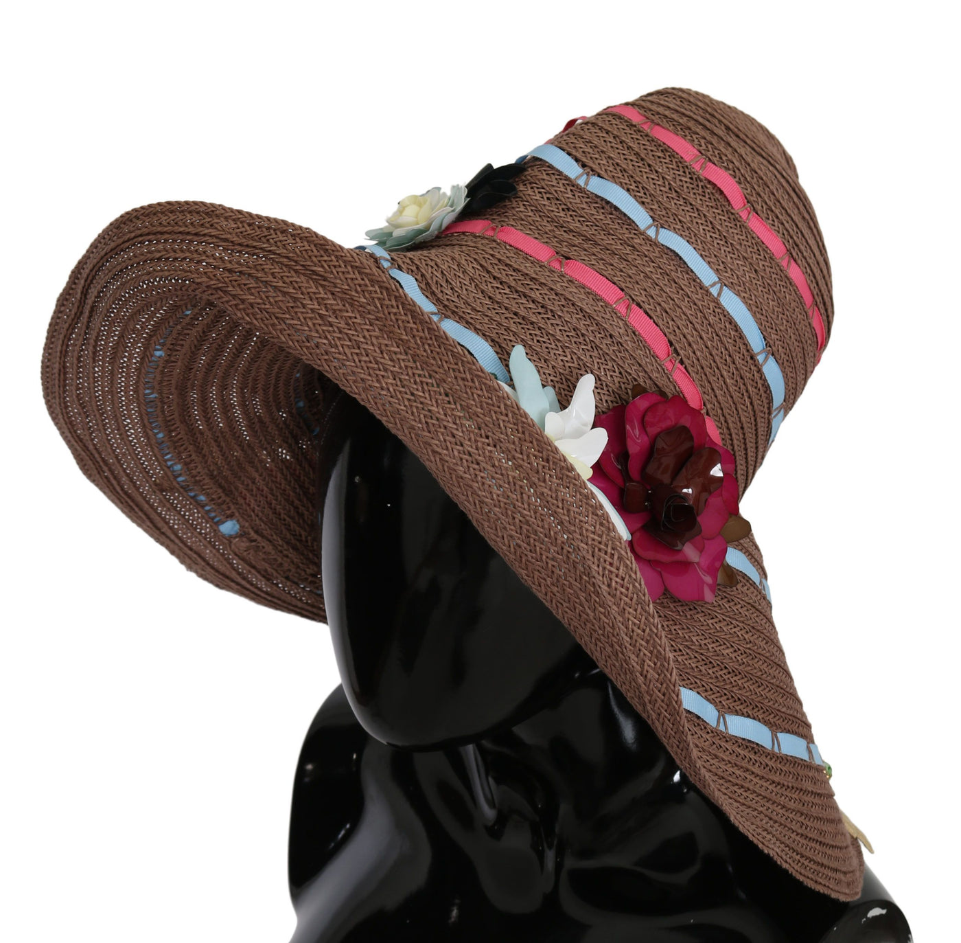Dolce & Gabbana Brown Floral breite Krempe Stroh Floppy Cap Hut