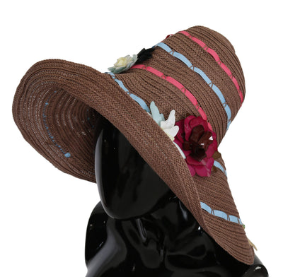 Dolce & Gabbana Brown Floral breite Krempe Stroh Floppy Cap Hut