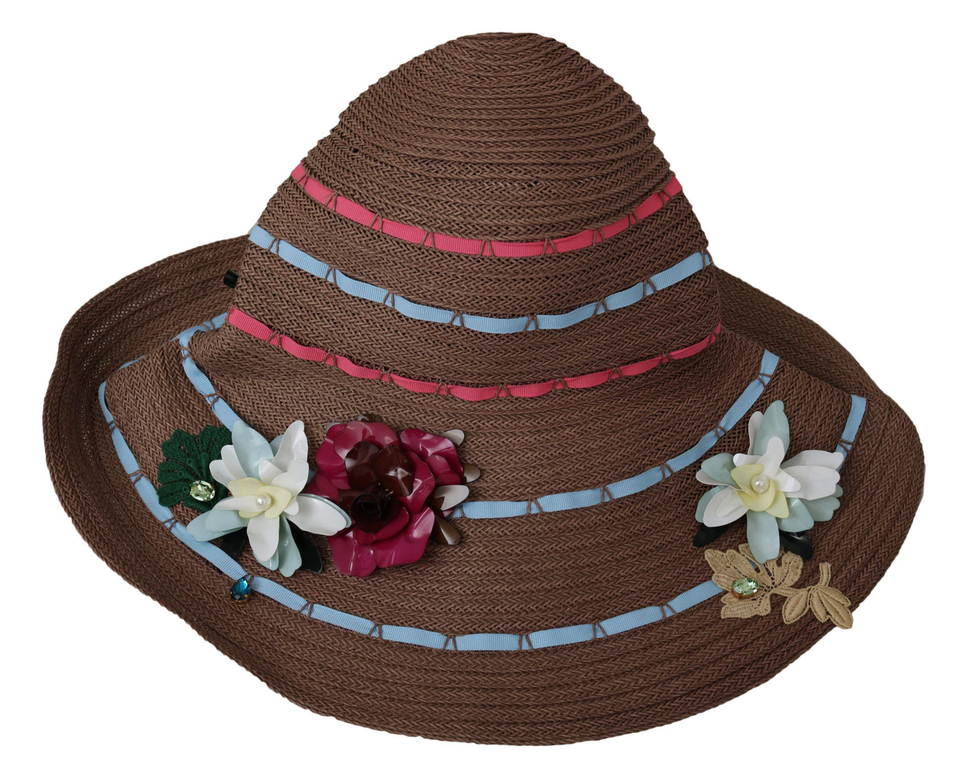 Dolce & Gabbana Brown Floral breite Krempe Stroh Floppy Cap Hut