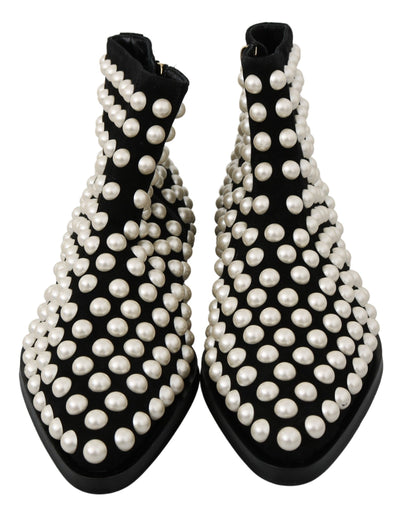Dolce & Gabbana Schwarz Wildleder Perlen Nieten Stiefel Schuhe