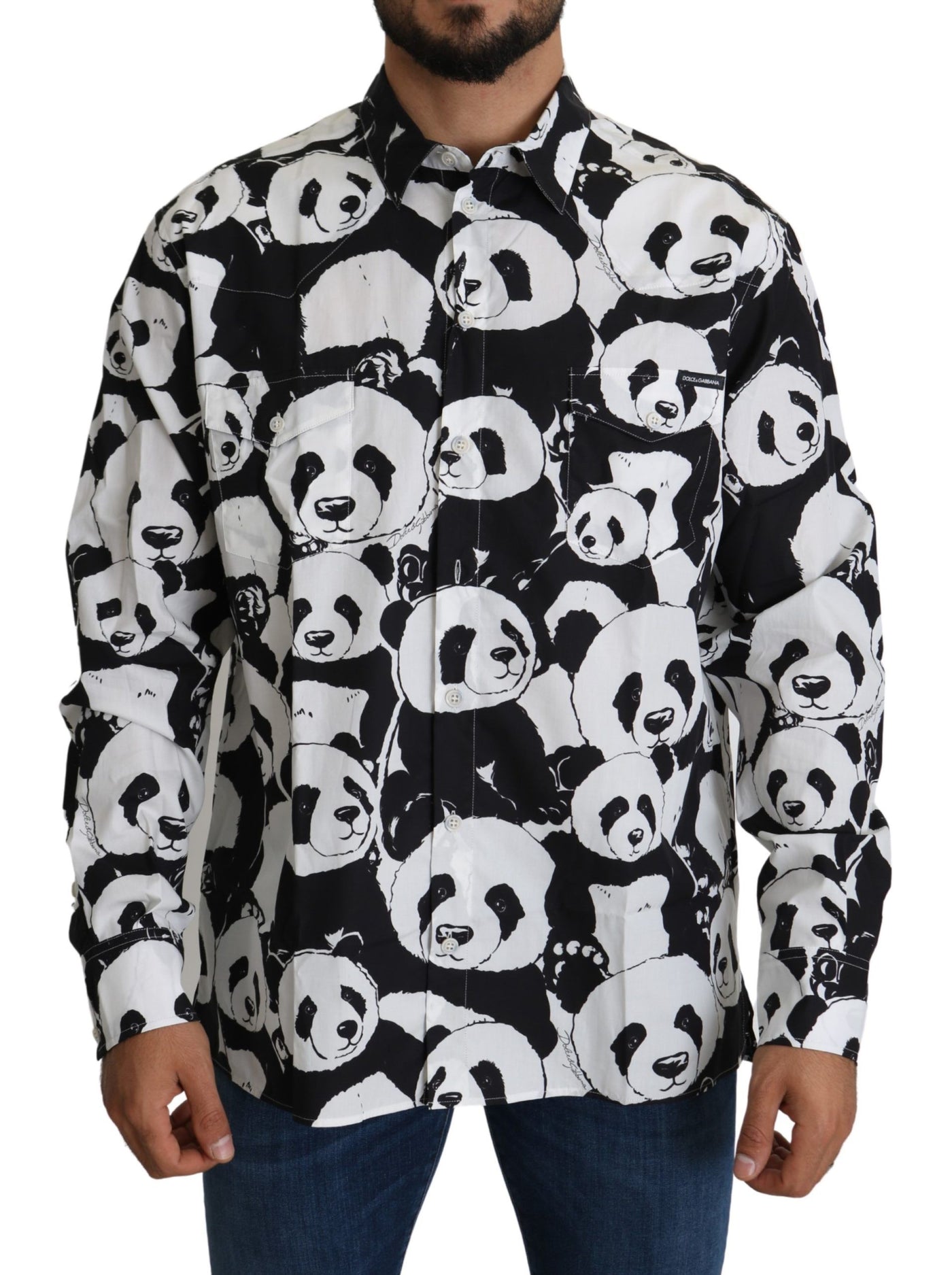 Dolce & Gabbana Schwarzer Panda Herren Freizeithemd 100% Baumwolle