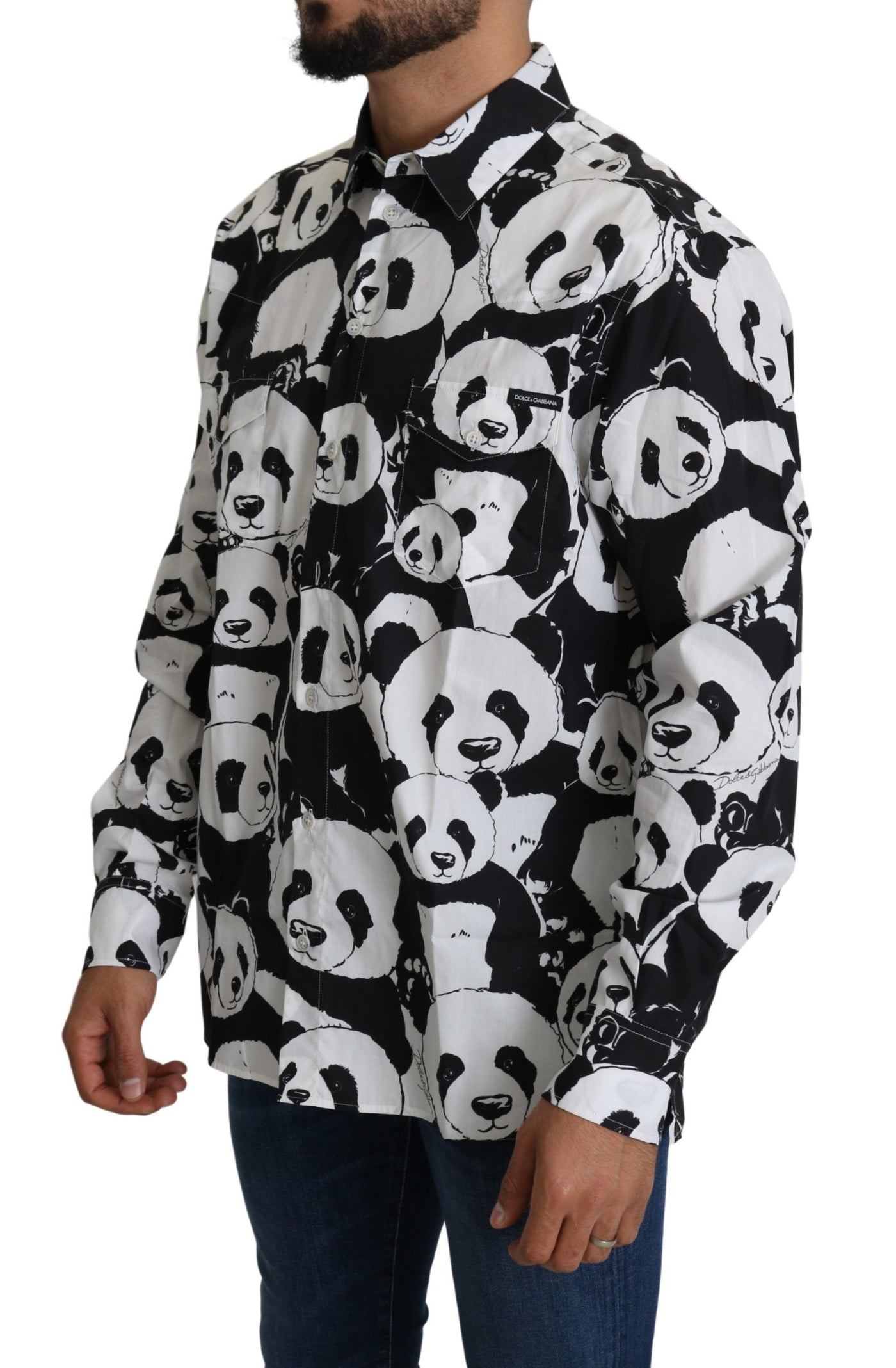 Dolce & Gabbana Schwarzer Panda Herren Freizeithemd 100% Baumwolle