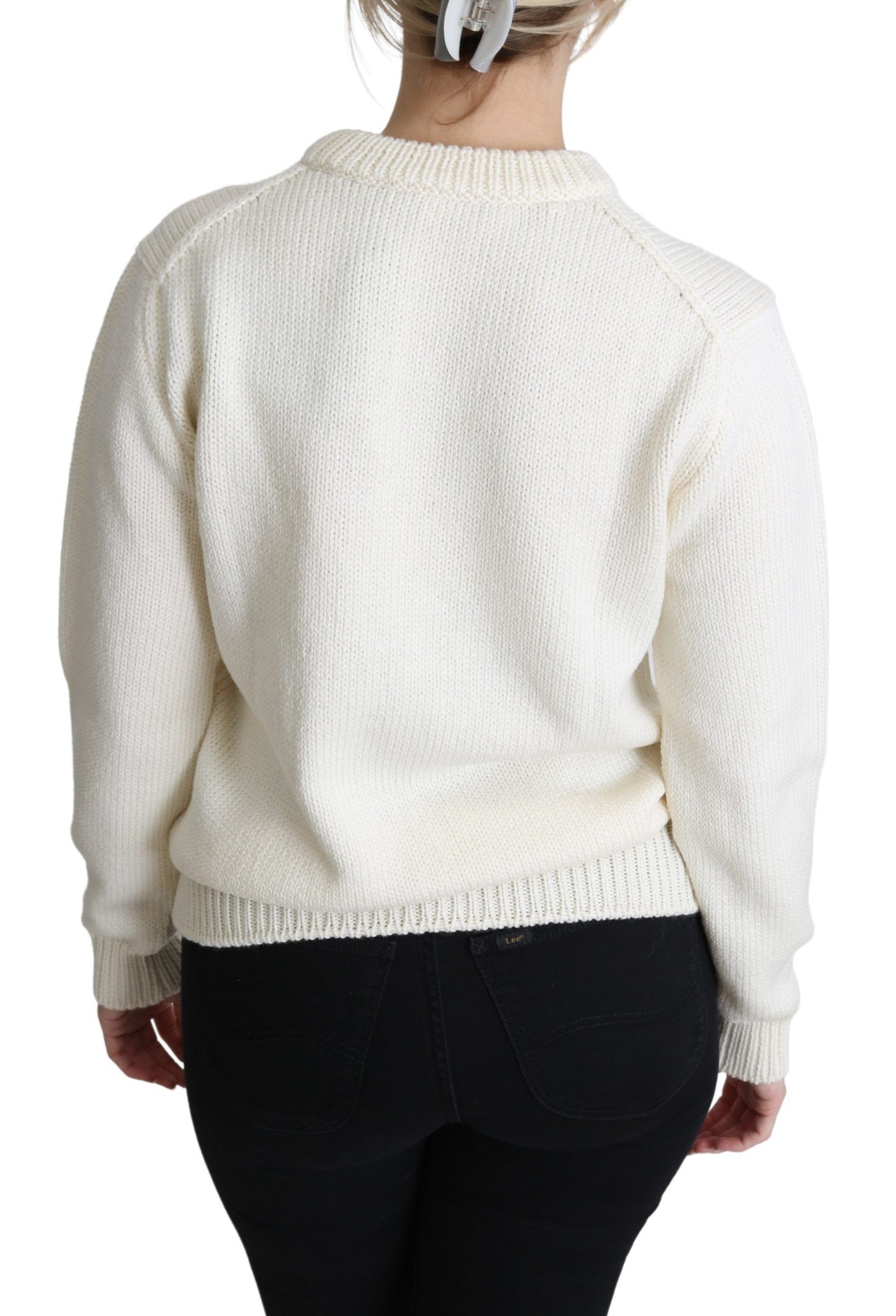 Dolce & Gabbana Weißer Pullover aus geblümter Wolle Sonnenblumenpullover