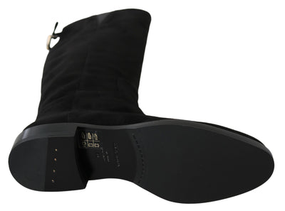 Dolce & Gabbana Schwarze kniehohe flache Wildlederstiefel Schuhe