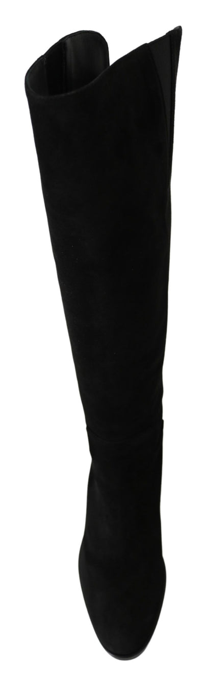 Dolce & Gabbana Schwarze kniehohe flache Wildlederstiefel Schuhe
