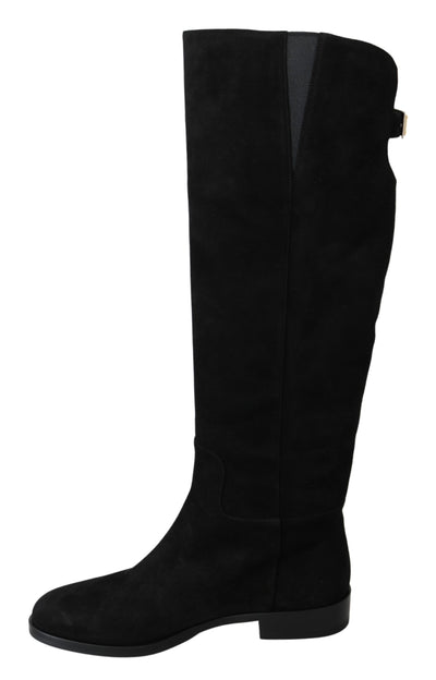 Dolce & Gabbana Schwarze kniehohe flache Wildlederstiefel Schuhe