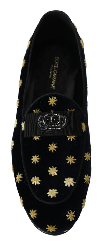 Dolce & Gabbana Blau Samt Krone Hausschuhe Loafers Schuhe