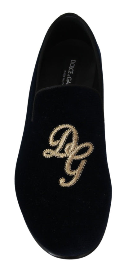 Dolce & Gabbana Blauer Samt Gold Logo Slipper Loafers Schuhe