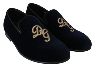 Dolce & Gabbana Blauer Samt Gold Logo Slipper Loafers Schuhe