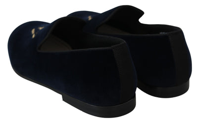 Dolce & Gabbana Blauer Samt Gold Logo Slipper Loafers Schuhe