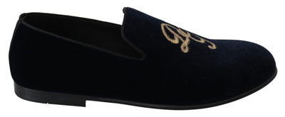 Dolce & Gabbana Blauer Samt Gold Logo Slipper Loafers Schuhe