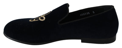 Dolce & Gabbana Blauer Samt Gold Logo Slipper Loafers Schuhe