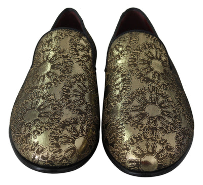 Dolce & Gabbana Gold Jacquard Flats Herren Loafers Schuhe