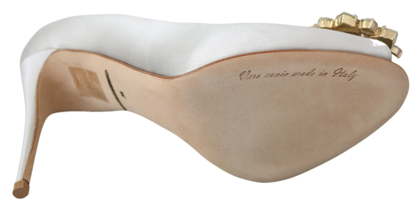 Dolce & Gabbana Weiß Crystals Peep Toe Heels Satin Pumps Schuhe