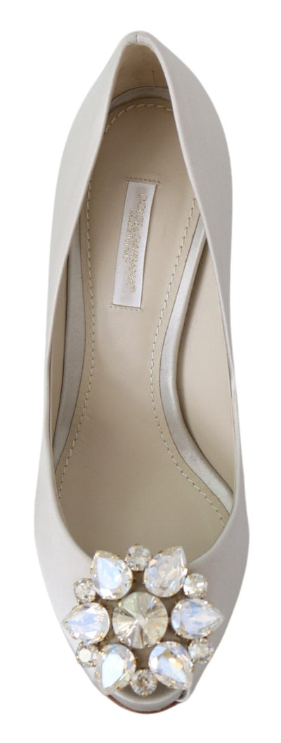 Dolce & Gabbana Weiß Crystals Peep Toe Heels Satin Pumps Schuhe