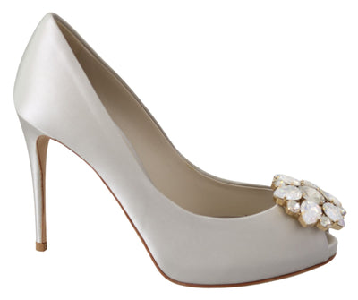 Dolce & Gabbana Weiß Crystals Peep Toe Heels Satin Pumps Schuhe