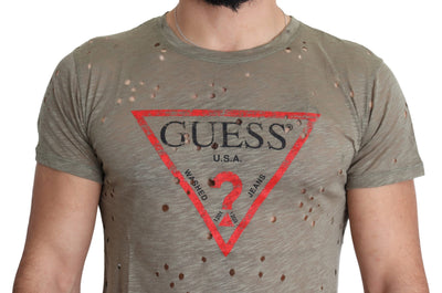 Guess Braunes Baumwoll-Stretch-T-Shirt mit Logodruck für Männer Casual Perforated T-Shirt